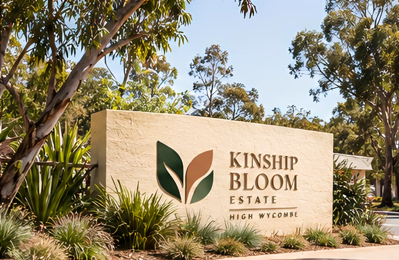 Artist impression of the Kinship Bloom Estate entry sign in High Wycombe, framed by gum trees and native planting